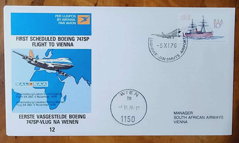 SAA FDC NO#12 FIRST SCHEDULED FLIGHT BOEING 747SP FLIGHT TO VIENNA 1976