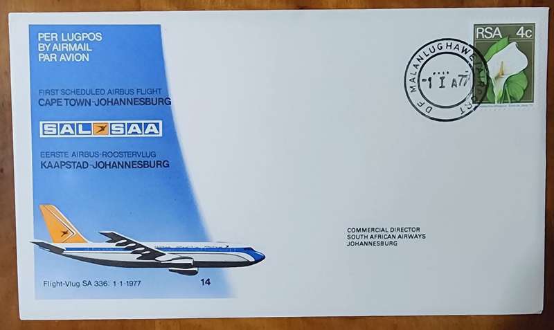 SAA FDC NO#14 FIRST SCHEDULED AIRBUS FLIGHT CAPE TOWN-JOHANNESBURG 1977