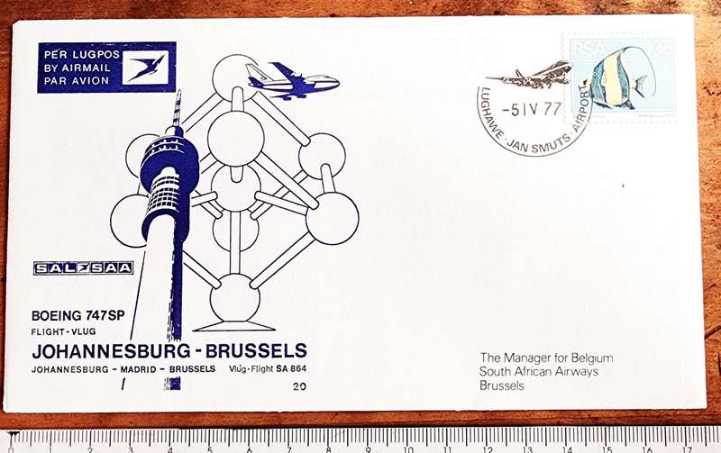 SAA FDC NO#20 FIRST DIRECT FLIGHT JOHANNESBURG-BRUSSELS 1977