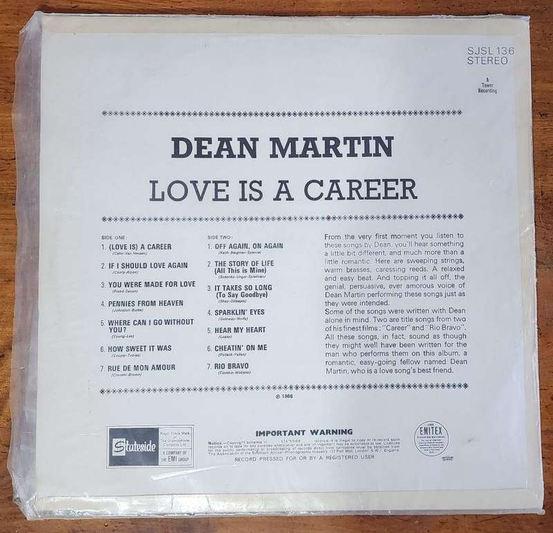 Dean Martin: Love is a Career Vinyl Lp Good Condition