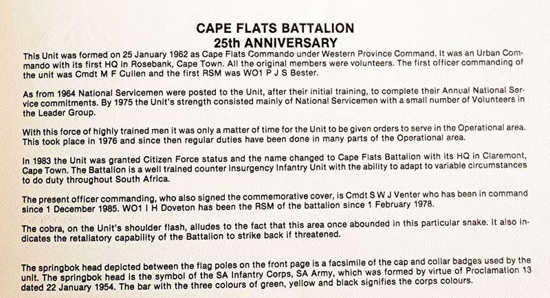 SADF FDC CAPE FLATS BATTALION 1962-1987 #1