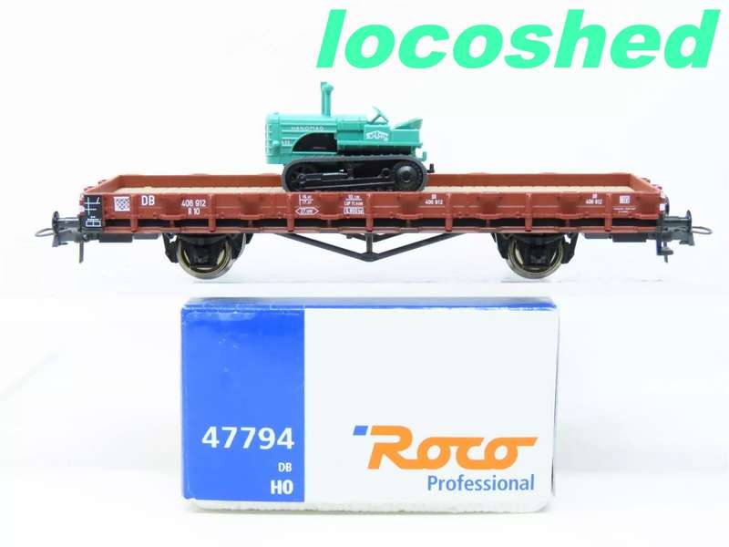 H0 gge 1/87 120mm DB low-side open goods wgn w. Hanomg tractor + rungs, mint in orig.box Roco 47794