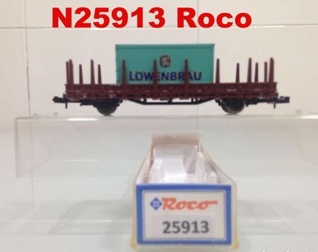 N gauge RUNGED GOODS WAGON (2-axle/95mm) w 20` Loewenbraeu Container mint boxed N25913 Roco