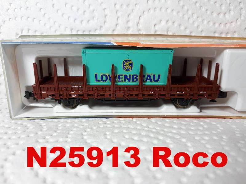 N gauge RUNGED GOODS WAGON (2-axle/95mm) w 20` Loewenbraeu Container mint boxed N25913 Roco