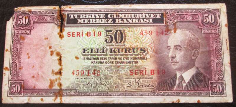 1930 Turkey 50 Kurus Serial No B19 459142