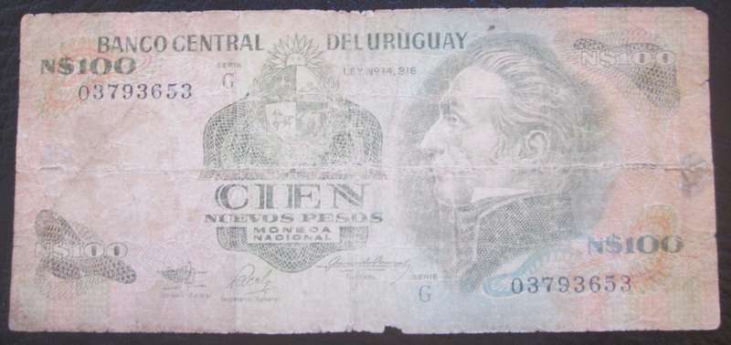 1987 Uruguay 100 Nuevos Pesos Serial No 03793653