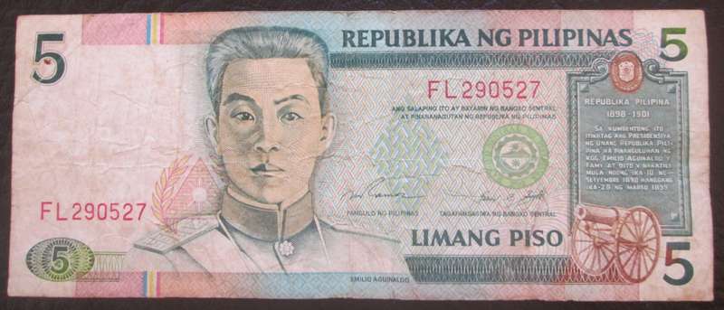 1985 - 1994 Philippines 5 Piso Serial No Fl290527