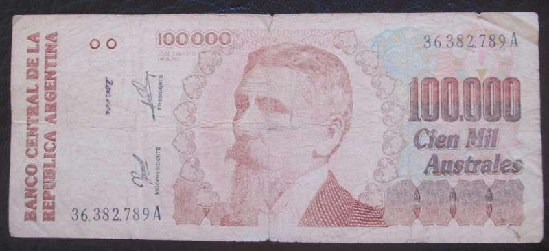 1990 - 1991 Argentina 100 000 Australes Serial No 36 382789A