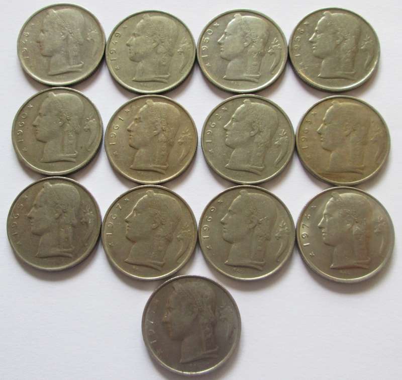 5 Francs Belgium 1948 - 1950 + 1958 +1960 - 1963 + 1965 + 1967 + 1969 + 1974 + 1977