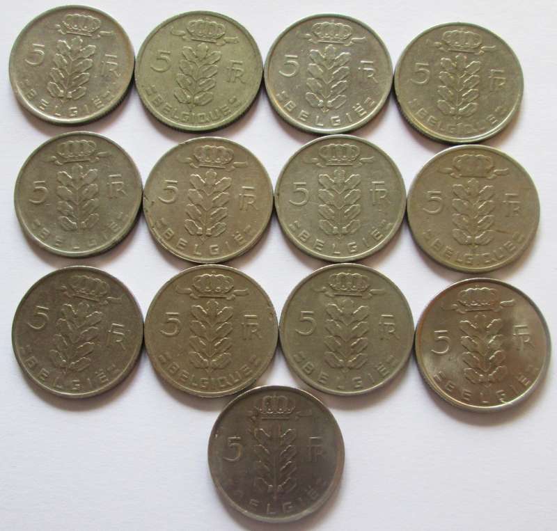 5 Francs Belgium 1948 - 1950 + 1958 +1960 - 1963 + 1965 + 1967 + 1969 + 1974 + 1977