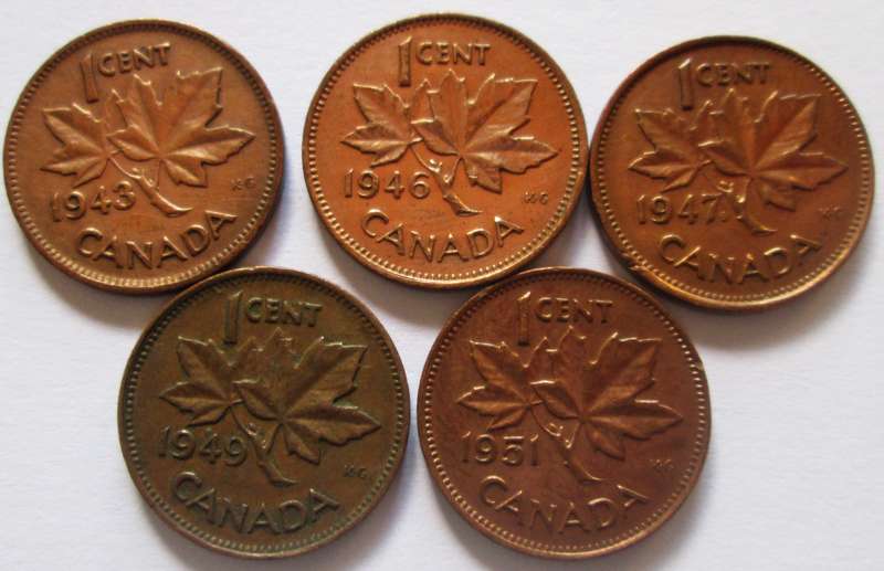 1 Cent Canada 1943 + 1946 + 1947 + 1949 + 1951