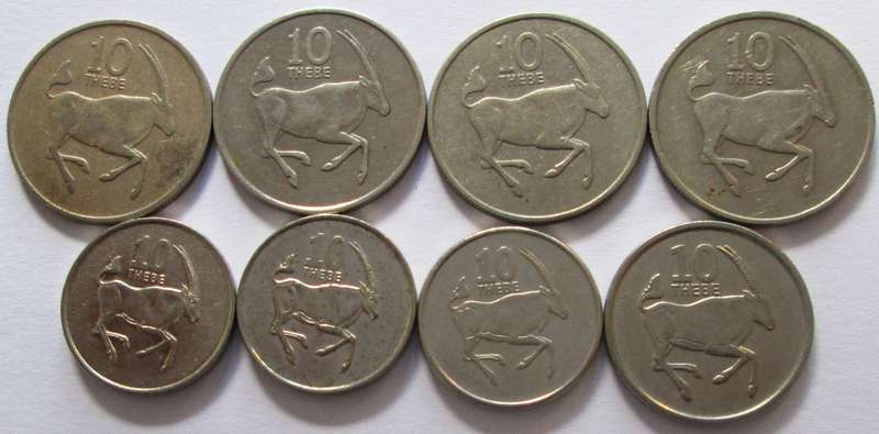 10 Thebe Botswana 1976 + 1977 + 1980 + 1989 + 1998 + 2002 + 2008 + 2013