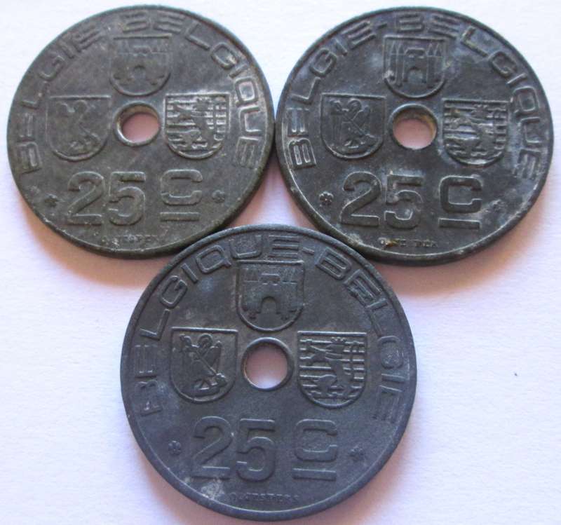 25 Centimes Belgium 1943 + 1944 + 1949
