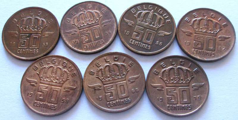 50 Centimes Belgium 1953 - 1955 + 1957 + 1959 + 1966 + 1979