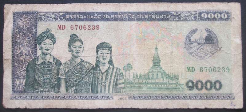 1992 - 1996 Laos 1000 Kip Serial No MD6706239