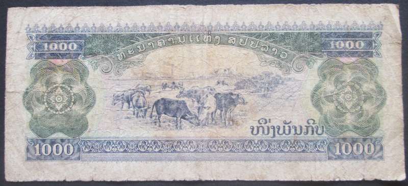 1992 - 1996 Laos 1000 Kip Serial No MD6706239