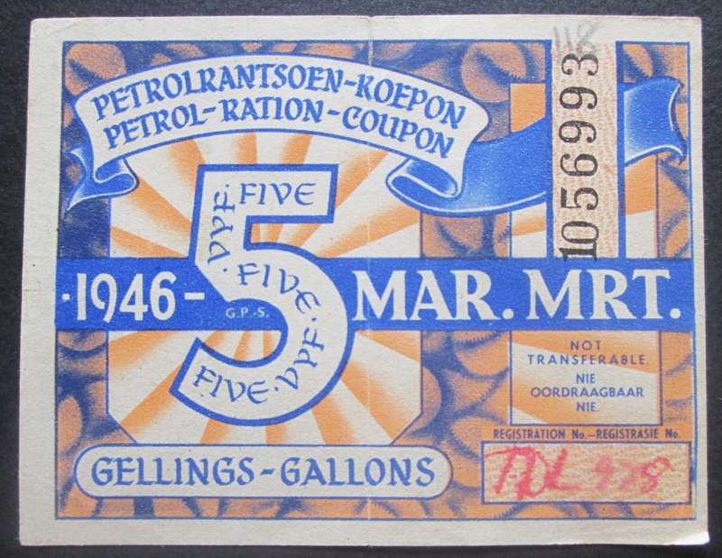 1946 South Africa Petrol Ration Coupon 5 Gallon No 1056993
