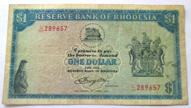 1978 One Dollar Reserve Bank of Rhodesia Serial No L109 289657