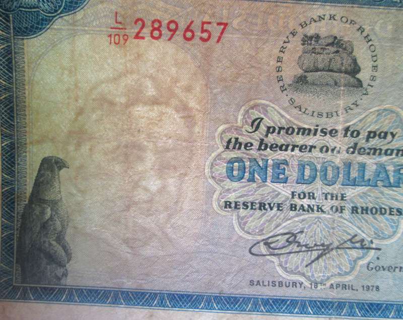 1978 One Dollar Reserve Bank of Rhodesia Serial No L109 289657