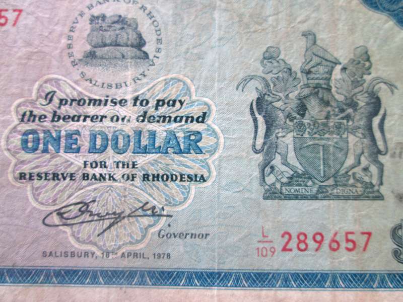 1978 One Dollar Reserve Bank of Rhodesia Serial No L109 289657
