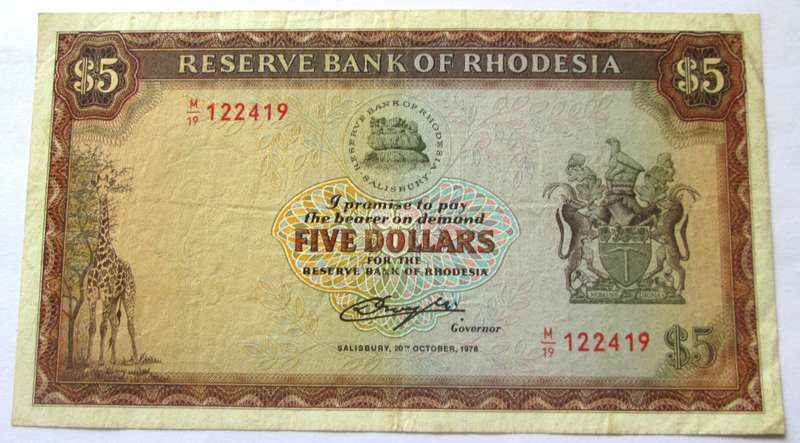 1978 Rhodesia Banknote Five Dollars Serial Nr M19 122419