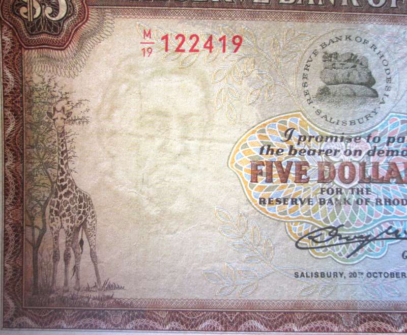 1978 Rhodesia Banknote Five Dollars Serial Nr M19 122419
