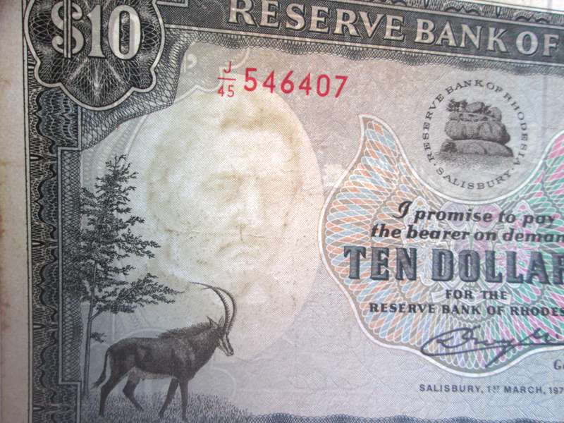 1976 Rhodesia Banknote Ten Dollars Serial Nr J45 546407