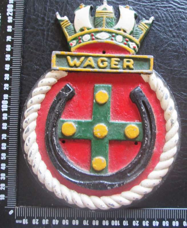 Royal Navy Ship`s Crest Wall Plaque HMS Wager Hand-Painted Plaster