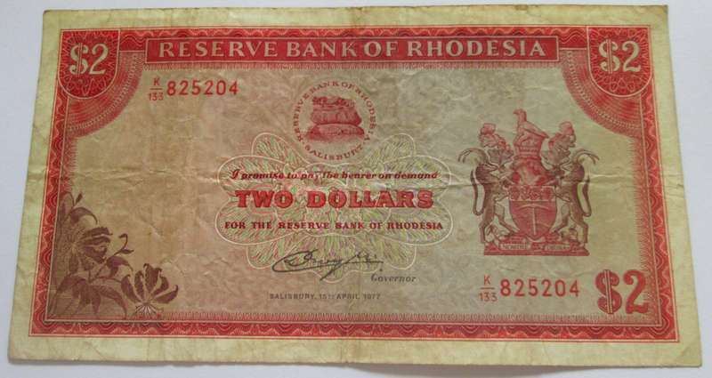1977 Two Dollars Rhodesia Banknote Serial Nr K133 825204