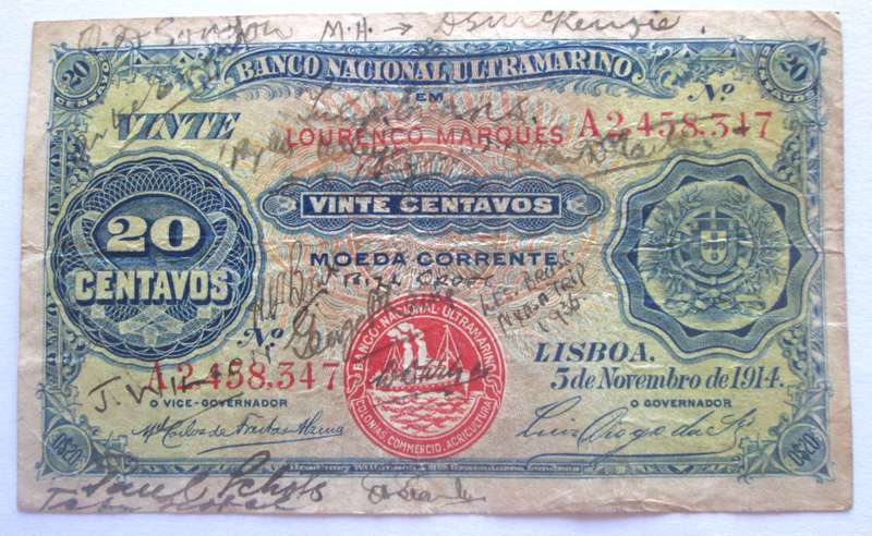 1914 Mozambique 20 Centavos Serial Nr A2458347