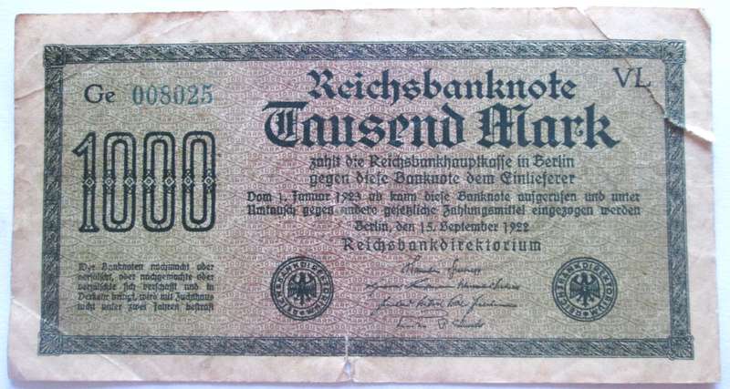 1922 Germany 1000 Mark Serial No GE 008025