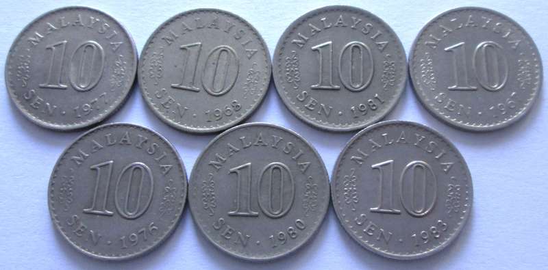 10 Sen Malaysia 1967 + 1968 + 1976 + 1977 + 1980 + 1981 + 1983