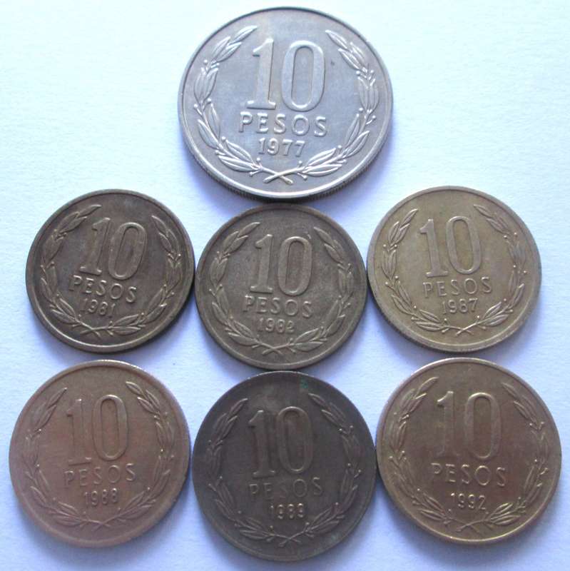 10 Pesos Chile 1977 + 1981 + 1982 + 1987 - 1989 + 1992
