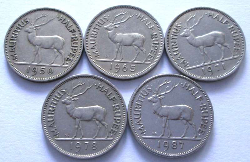 Half Rupee Mauritius 1950 + 1965 + 1971 + 1978 + 1987