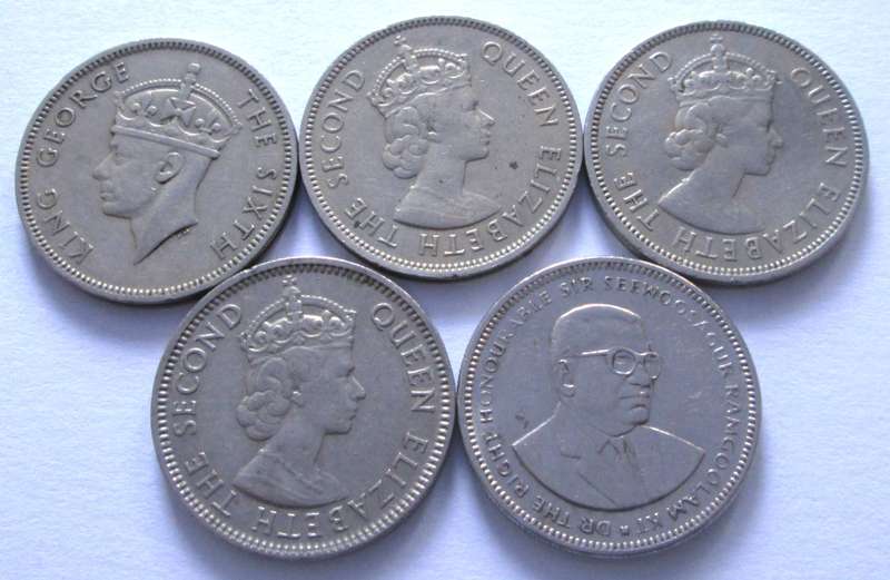 Half Rupee Mauritius 1950 + 1965 + 1971 + 1978 + 1987