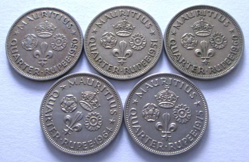 Quarter Rupee Mauritius 1950 + 1951 + 1960 + 1964 + 1975