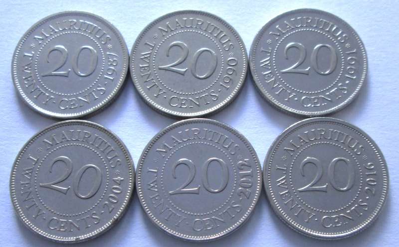 20 Cents Mauritius 1987 + 1990 + 1991 + 2004 + 2012 + 2016