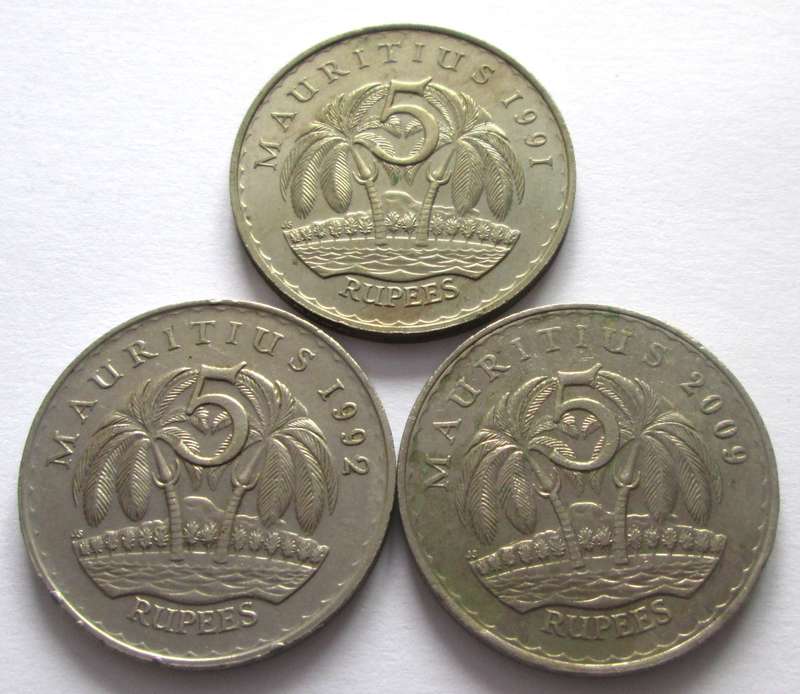 5 Rupees Mauritius 1991 + 1992 + 2009