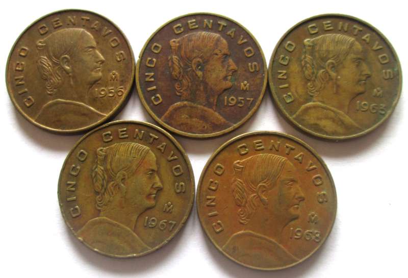 5 Centavos Mexico 1956 + 1957 + 1963 + 1967 + 1968