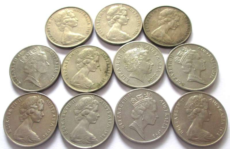 20 Cents Australia 1966 + 1967 + 1970 + 1972 + 1978 + 1980 + 1981 + 1996 - 1998