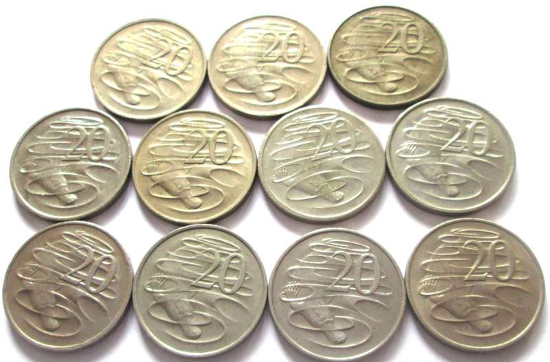 20 Cents Australia 1966 + 1967 + 1970 + 1972 + 1978 + 1980 + 1981 + 1996 - 1998
