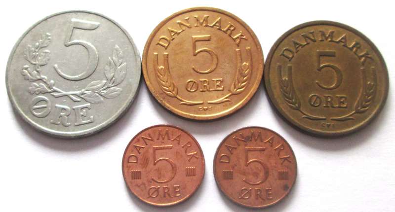 5 Ore Denmark 1941 + 1965 + 1971 + 1973 + 1980