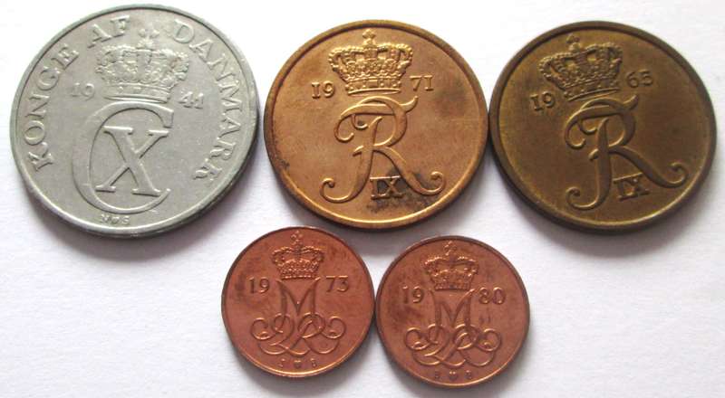 5 Ore Denmark 1941 + 1965 + 1971 + 1973 + 1980