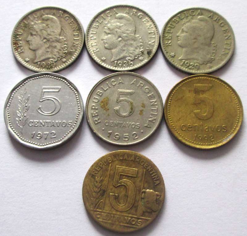 5 Centavos Argentina 1929 + 1930 + 1936 + 1946 + 1952 + 1972 + 1992