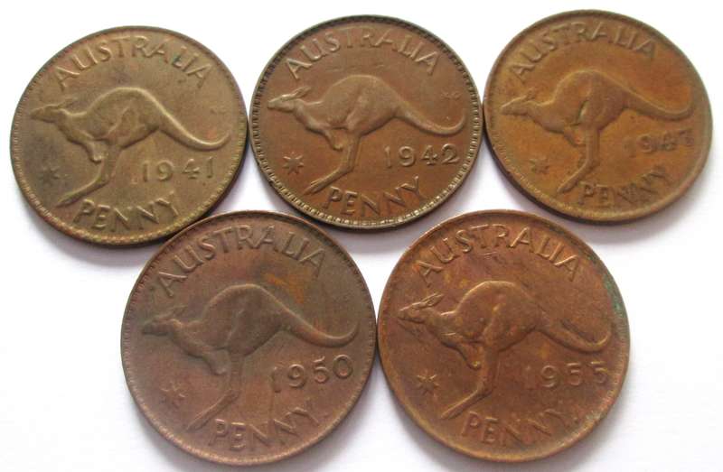1 Penny Australia 1941 + 1942 + 1943 + 1950 + 1955