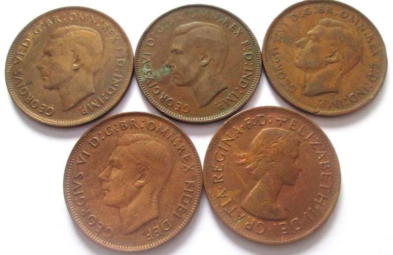 1 Penny Australia 1941 + 1942 + 1943 + 1950 + 1955