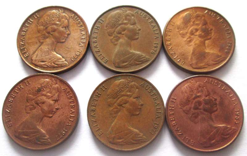 2 Cents Australia 1966 + 1971 + 1973 + 1976 + 1977 + 1983