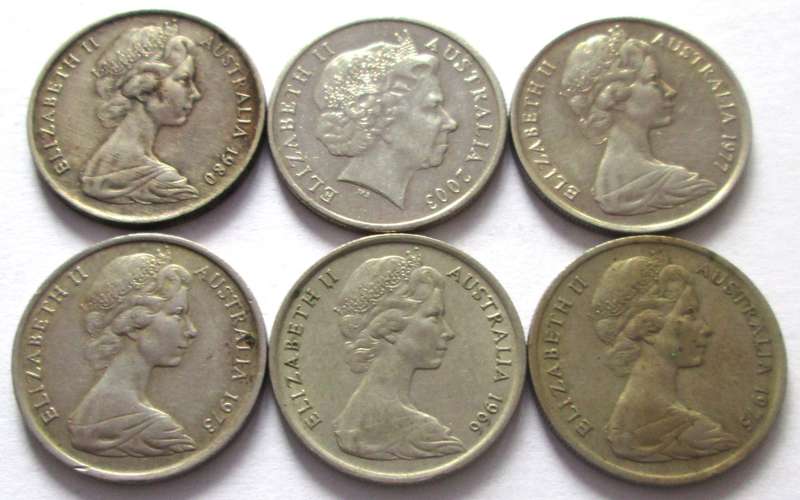5 Cents Australia 1966 + 1973 + 1975 + 1977 + 1980 + 2003