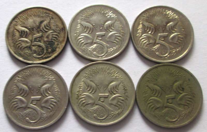 5 Cents Australia 1966 + 1973 + 1975 + 1977 + 1980 + 2003
