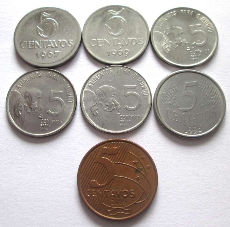 5 Centavos Brasil 1967 + 1969 + 1975 + 1976 + 1977 + 1996 + 2009